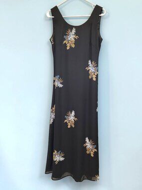 Vintage Donna Ricco black floral maxi dress w/ back ties